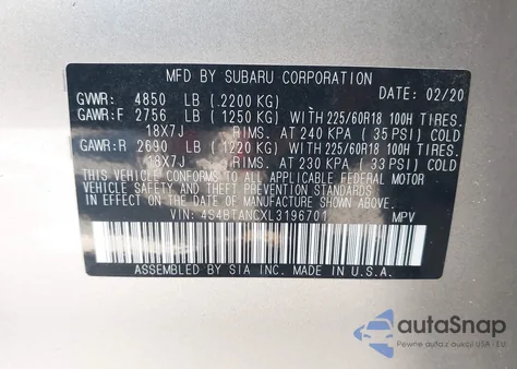 2020 Subaru Outback Limited z USA, uszkodzony, nr VIN 4S4BTANCXL3196701